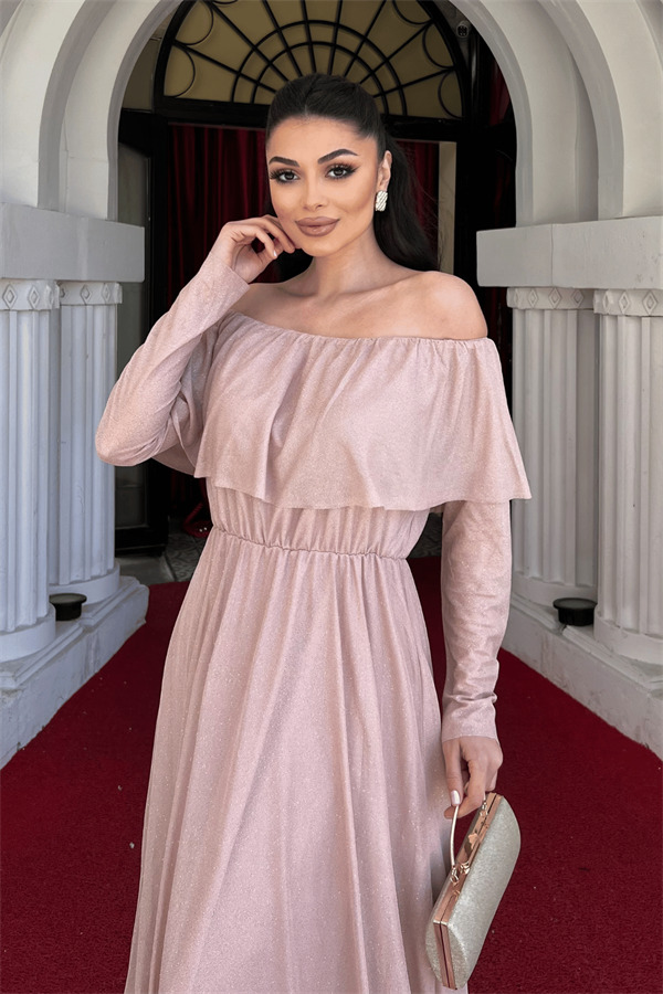 Tül Üzeri Simli Abiye Elbise - Pudra - 4