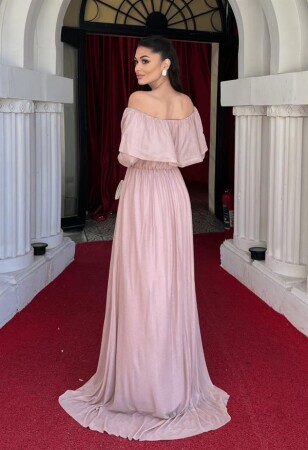 Tül Üzeri Simli Abiye Elbise - Pudra - 5