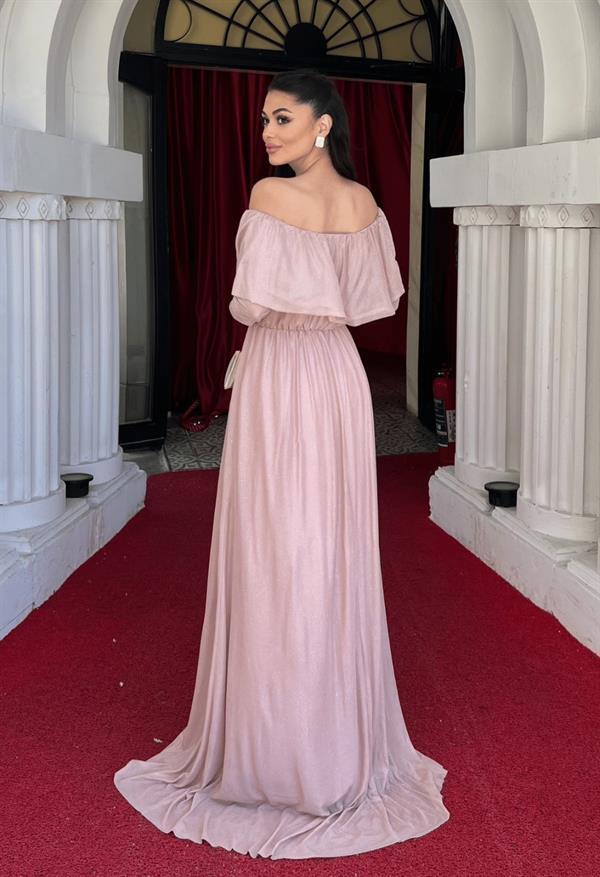 Tül Üzeri Simli Abiye Elbise - Pudra - 5