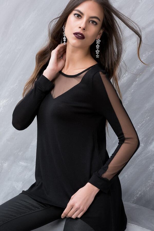 Tulle Detail Plus Size Blouse Black - 1