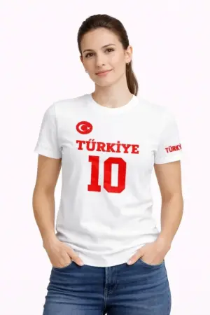 TÜRKİYE Ay Yıldız Baskılı 10 Numara Forma Tişört Taraftar T-Shirt - Beyaz - 1