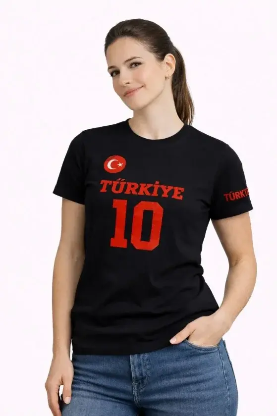 TÜRKİYE Ay Yıldız Baskılı 10 Numara Forma Tişört Taraftar T-Shirt - Siyah - 1