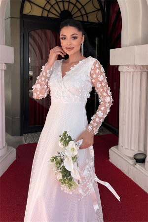 Üç Boyutlu Çiçekli Elbise - BEYAZ - 3
