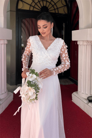 Üç Boyutlu Çiçekli Elbise - BEYAZ - 4