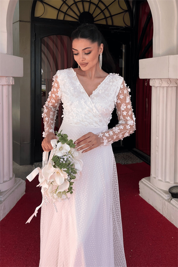 Üç Boyutlu Çiçekli Elbise - BEYAZ - 5