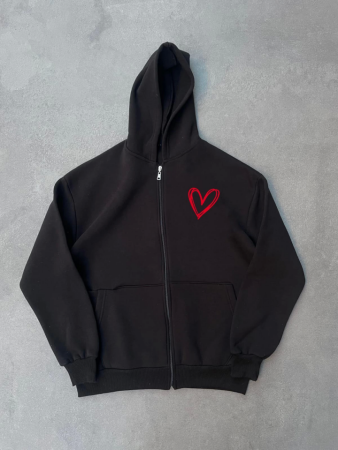 Üç İplik Baskılı Fermuarlı Kapşonlu Hırka - Siyah - ANGELINO BuyukBedeniz (1)