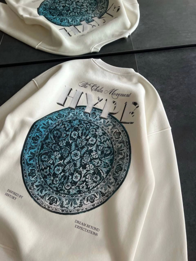 Üç İplik Bisiklet Yaka Baskılı SweatShirt - Beyaz - 1