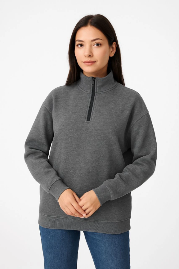 Üç İplik Dık Yaka Yarım Fermuarlı SweatShirt - Antrasit - 2