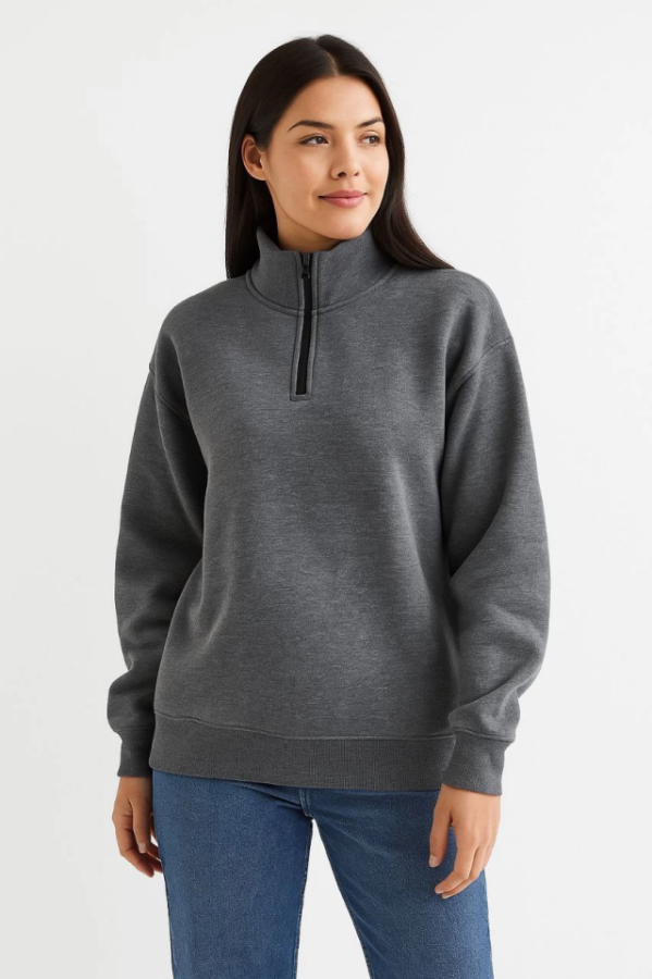 Üç İplik Dık Yaka Yarım Fermuarlı SweatShirt - Antrasit - 3