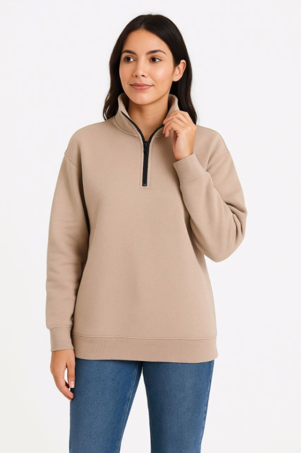 Üç İplik Dık Yaka Yarım Fermuarlı SweatShirt - Bej - 1