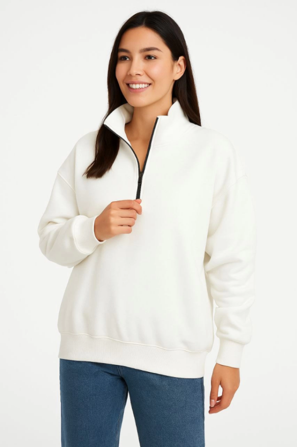 Üç İplik Dık Yaka Yarım Fermuarlı SweatShirt - Beyaz - 1