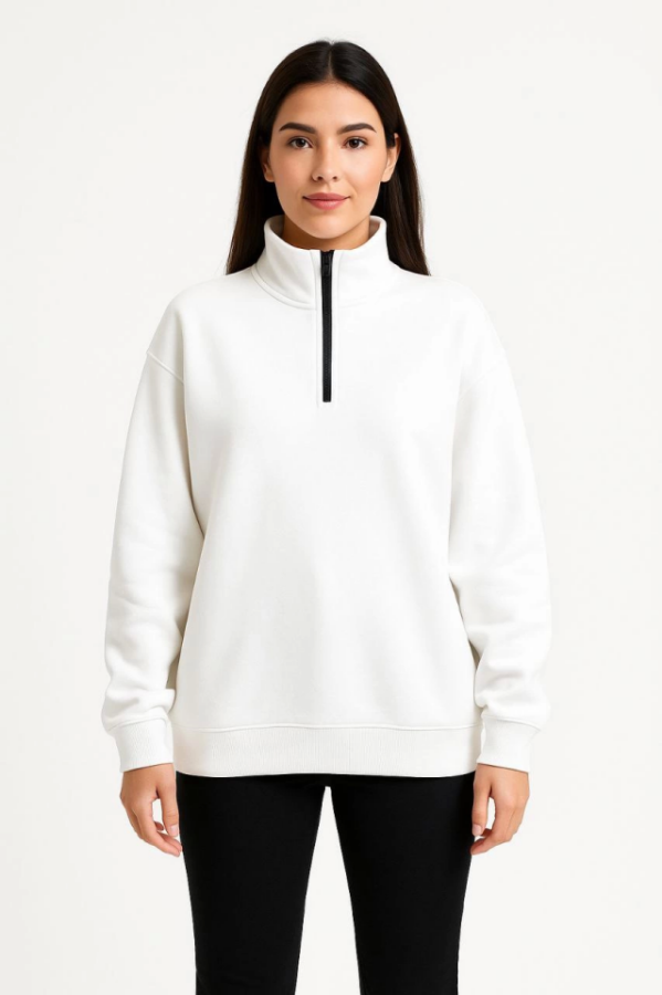Üç İplik Dık Yaka Yarım Fermuarlı SweatShirt - Beyaz - 4