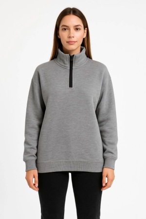 Üç İplik Dık Yaka Yarım Fermuarlı SweatShirt - Gri - 1