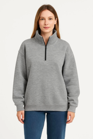 Üç İplik Dık Yaka Yarım Fermuarlı SweatShirt - Gri - 2