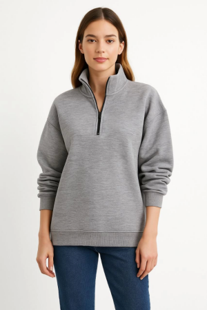 Üç İplik Dık Yaka Yarım Fermuarlı SweatShirt - Gri - 3