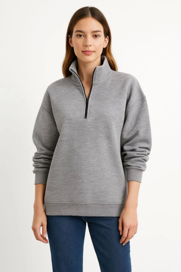 Üç İplik Dık Yaka Yarım Fermuarlı SweatShirt - Gri - 3