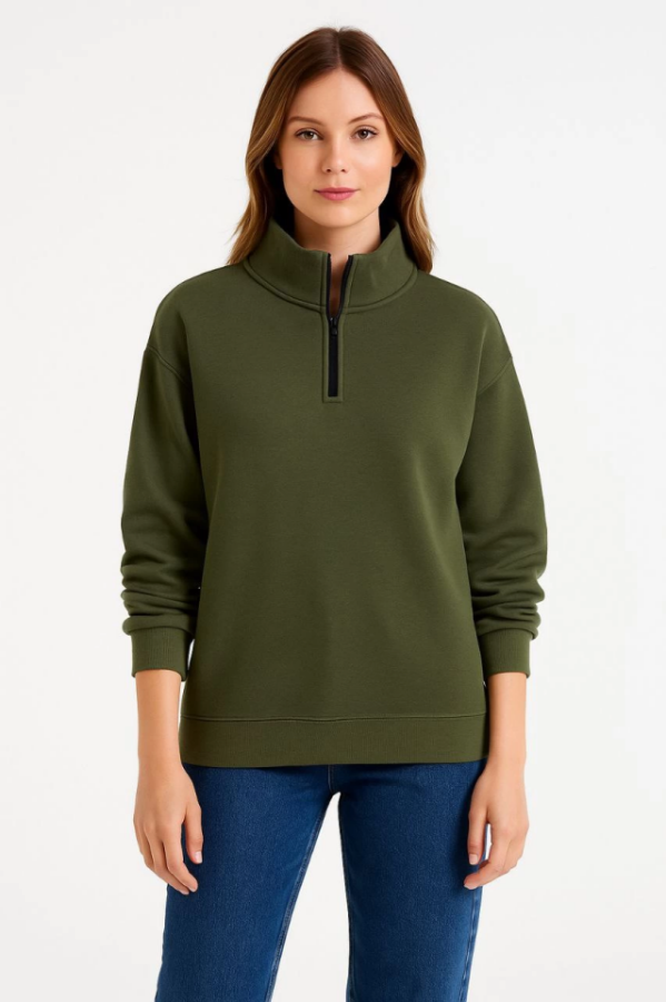 Üç İplik Dık Yaka Yarım Fermuarlı SweatShirt - Haki - 1