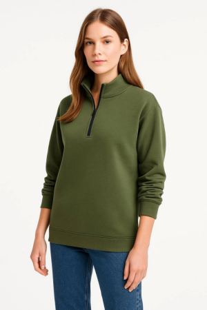 Üç İplik Dık Yaka Yarım Fermuarlı SweatShirt - Haki - 2