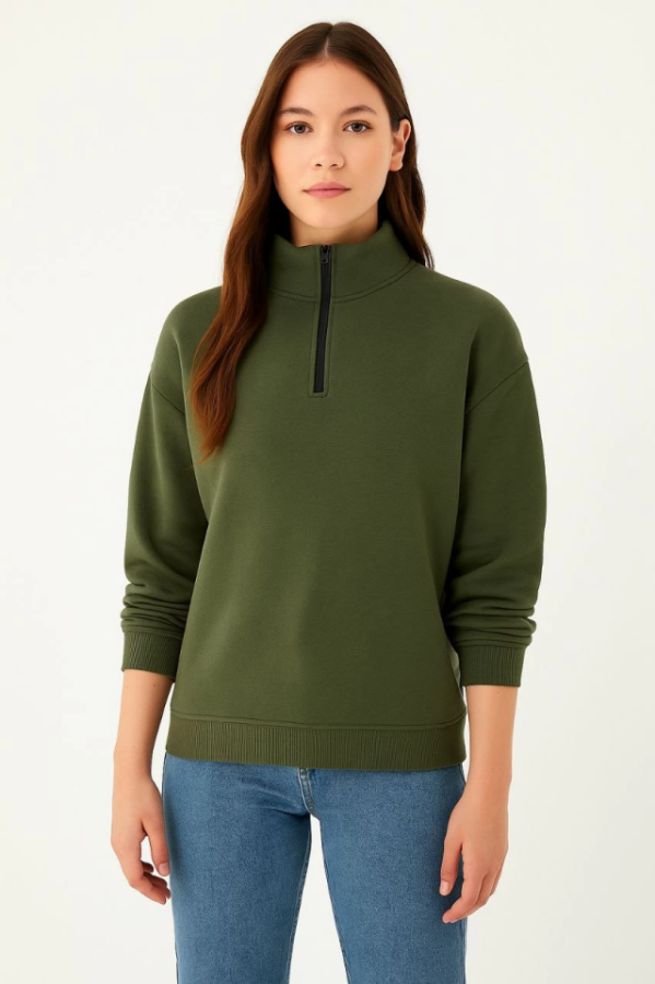 Üç İplik Dık Yaka Yarım Fermuarlı SweatShirt - Haki - 3