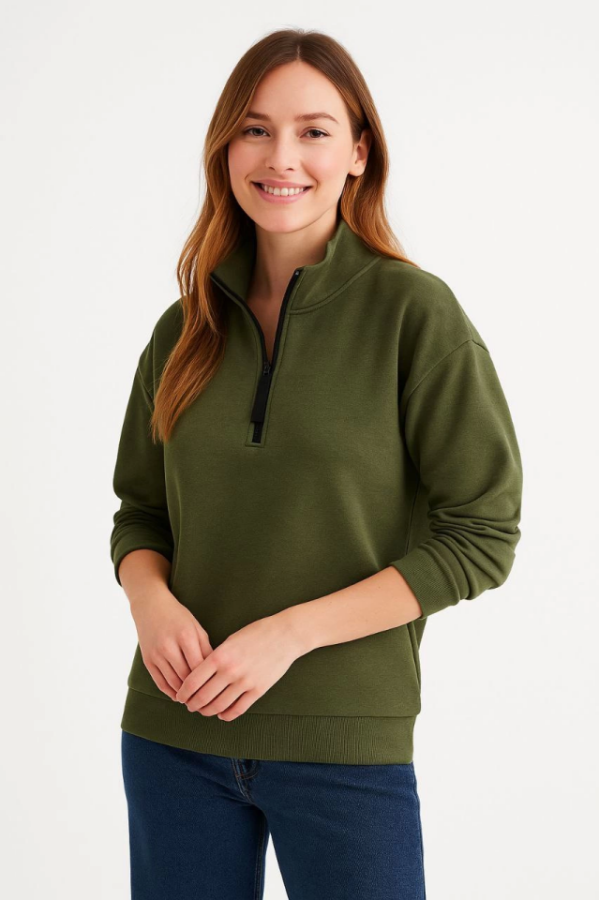 Üç İplik Dık Yaka Yarım Fermuarlı SweatShirt - Haki - 4
