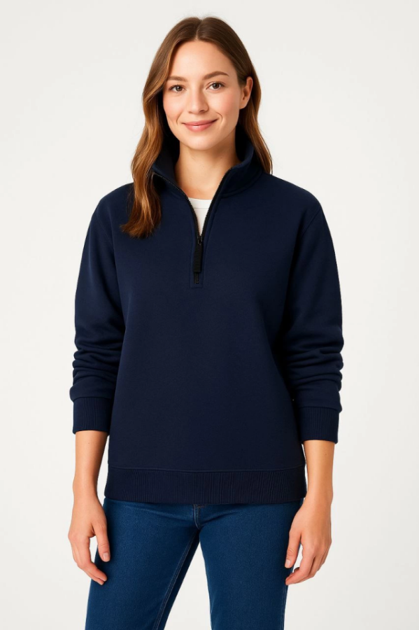 Üç İplik Dık Yaka Yarım Fermuarlı SweatShirt - Lacivert - 1