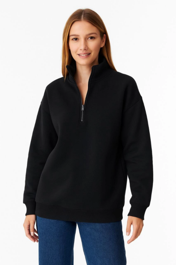 Üç İplik Dık Yaka Yarım Fermuarlı SweatShirt - Siyah - 1