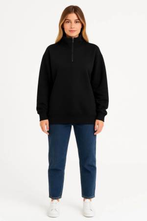 Üç İplik Dık Yaka Yarım Fermuarlı SweatShirt - Siyah - 2