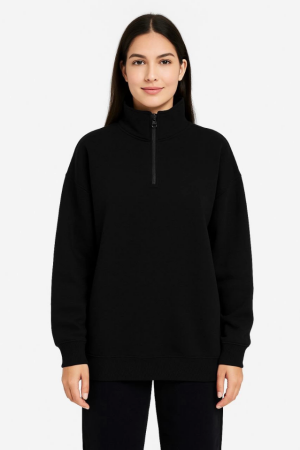 Üç İplik Dık Yaka Yarım Fermuarlı SweatShirt - Siyah - 3