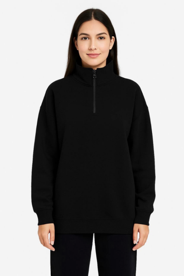 Üç İplik Dık Yaka Yarım Fermuarlı SweatShirt - Siyah - 3