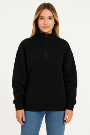 Üç İplik Dık Yaka Yarım Fermuarlı SweatShirt - Siyah - 4