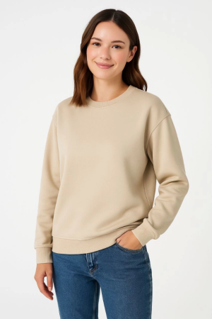 Üç İplik Düz Bisiklet Yaka SweatShirt - Bej - 1