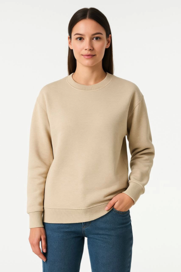 Üç İplik Düz Bisiklet Yaka SweatShirt - Bej - 2