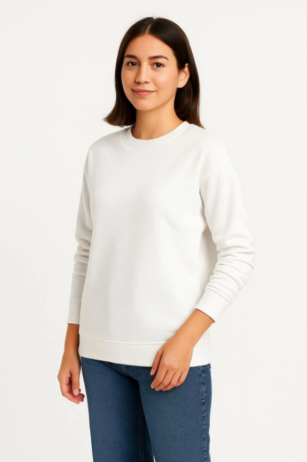 Üç İplik Düz Bisiklet Yaka SweatShirt - Beyaz - 4