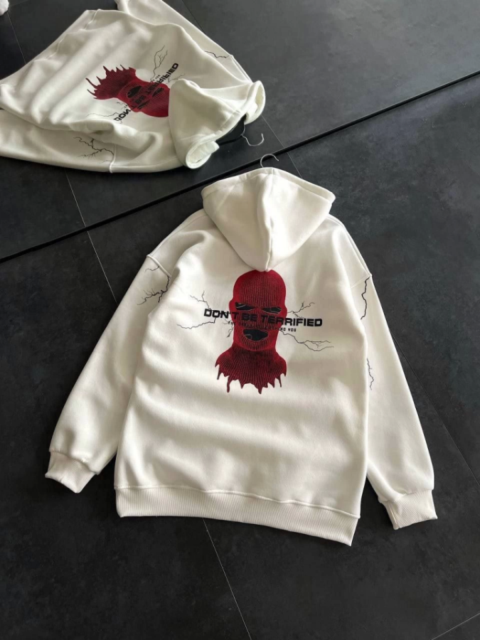 Üç İplik Kapşonlu Baskılı Oversize SweatShirt- Beyaz - 2