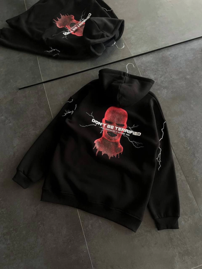 Üç İplik Kapşonlu Baskılı Oversize SweatShirt- Siyah - 2