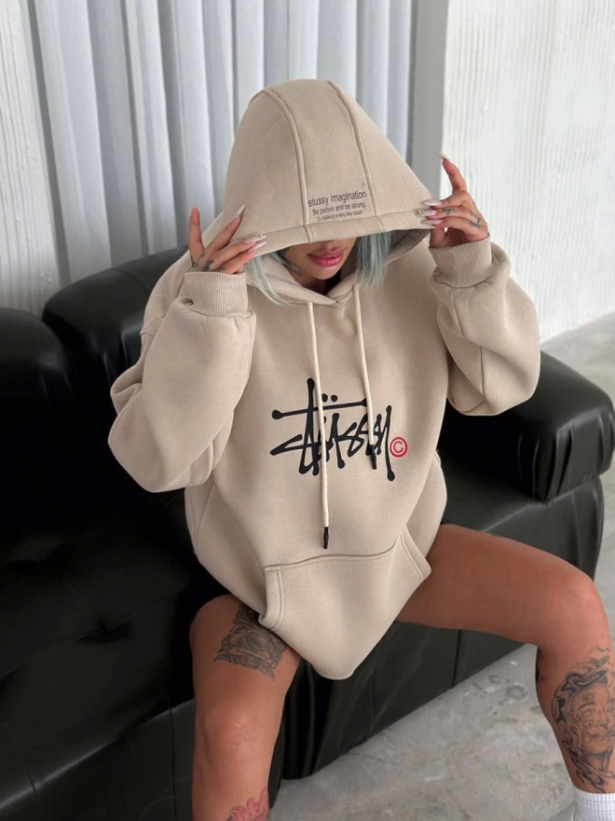 Üç İplik Kapşonlu Baskılı SweatShirt - Bej - 1