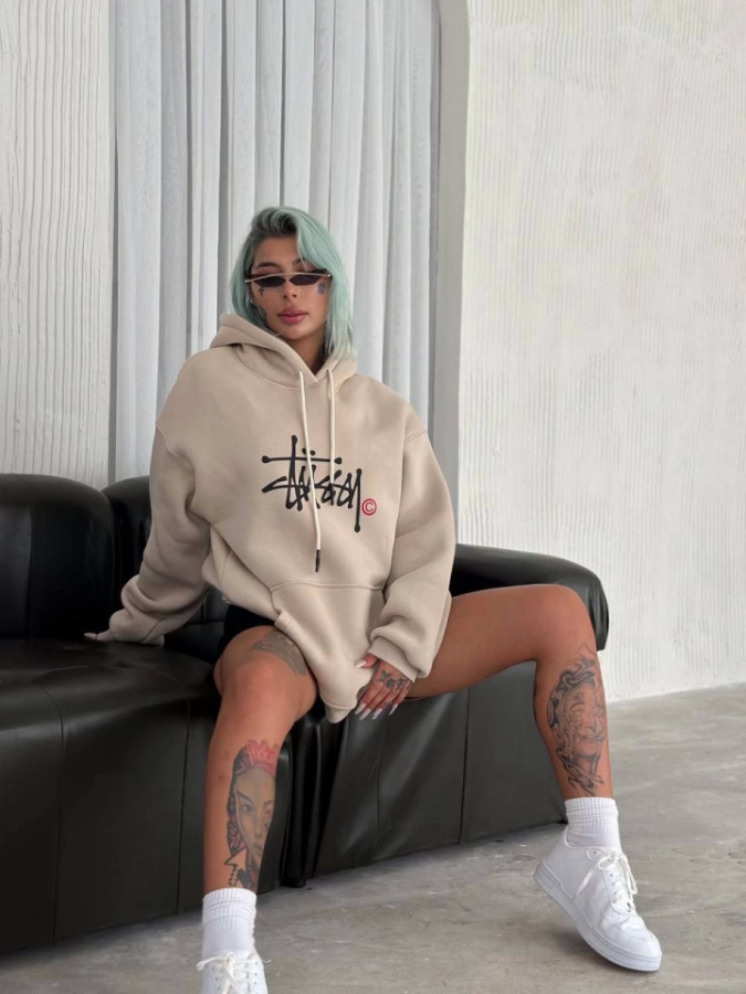 Üç İplik Kapşonlu Baskılı SweatShirt - Bej - 2
