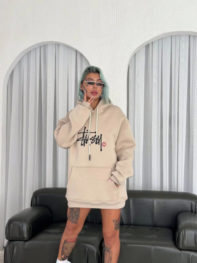 Üç İplik Kapşonlu Baskılı SweatShirt - Bej - 3