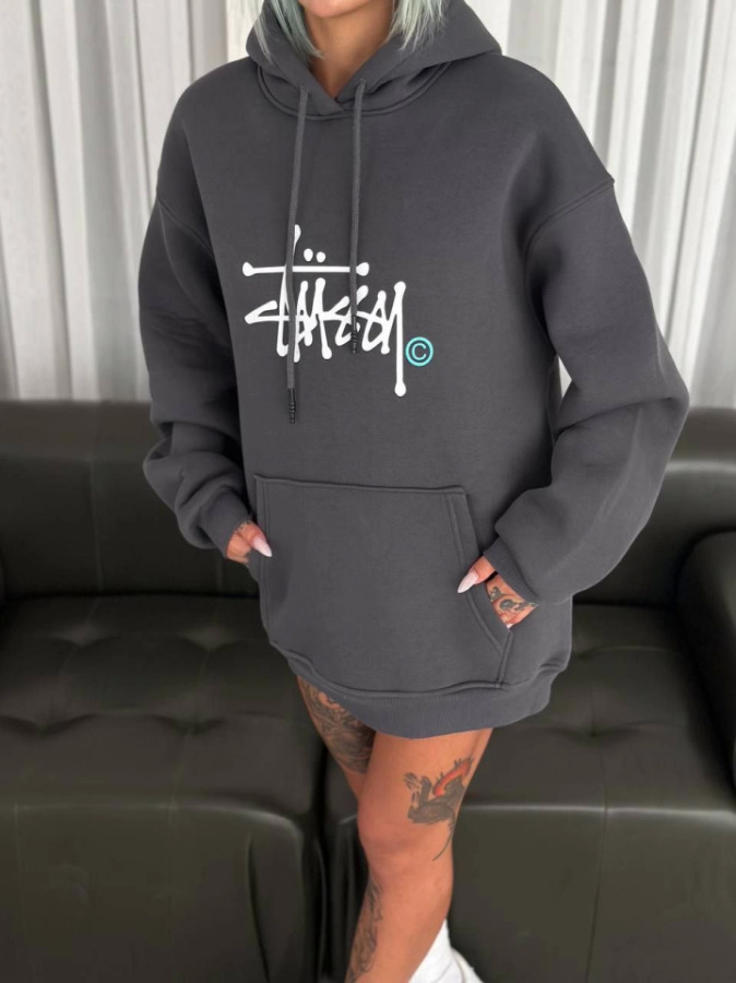 Üç İplik Kapşonlu Baskılı SweatShirt - Füme - 1