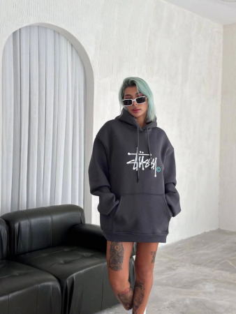 Üç İplik Kapşonlu Baskılı SweatShirt - Füme - 3