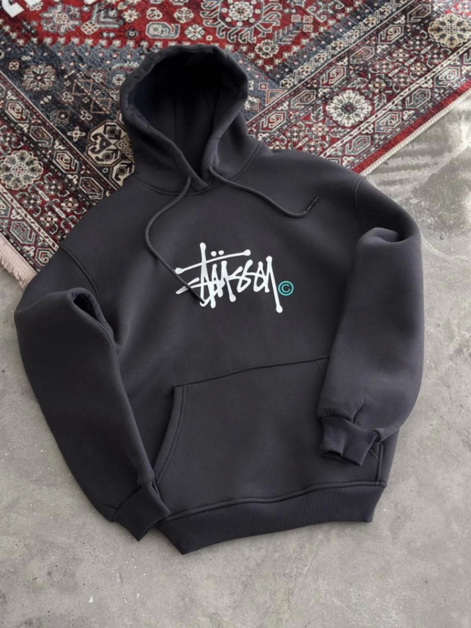 Üç İplik Kapşonlu Baskılı SweatShirt - Füme - 4