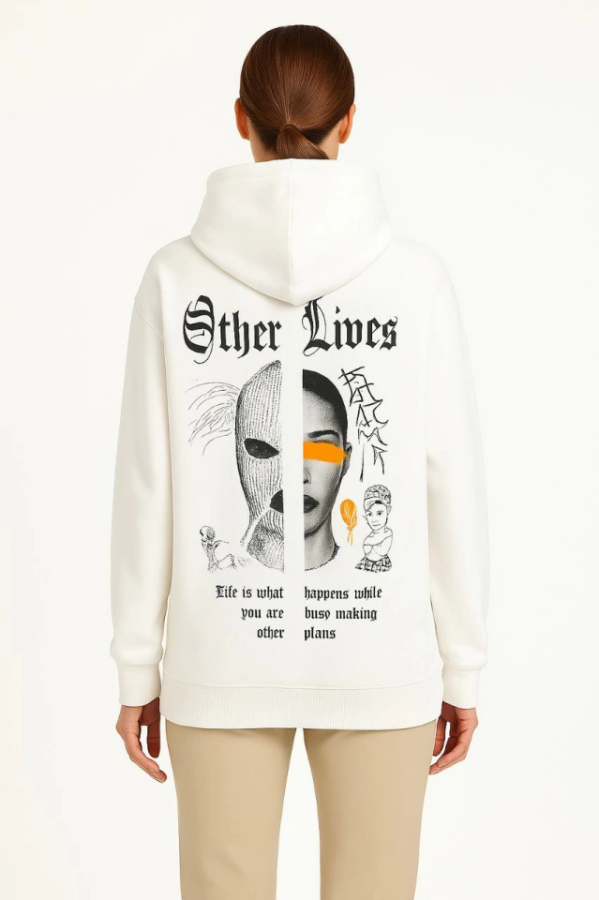Üç İplik Kapşonlu ön Ve Arka Baskılı SweatShirt Hoodie- Beyaz - 3