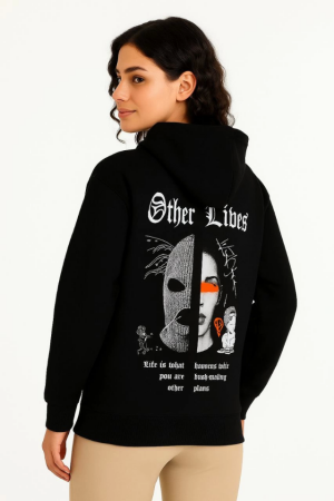 Üç İplik Kapşonlu ön Ve Arka Baskılı SweatShirt Hoodie- Siyah - 4