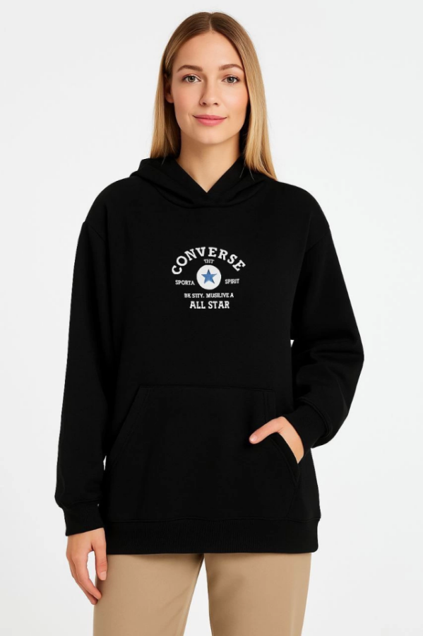 Üç İplik Kapşonlu ön Ve Arka Baskılı SweatShirt Hoodie- Siyah - 2