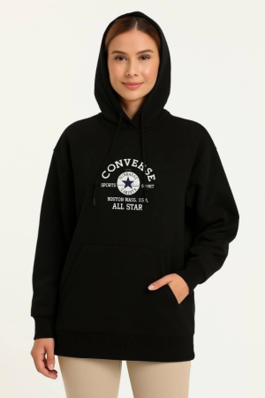 Üç İplik Kapşonlu ön Ve Arka Baskılı SweatShirt Hoodie- Siyah - 4