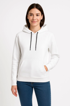 Üç İplik Kapüşonlu Kanguru Çepli SweatShirt Hoodie - Beyaz - 1