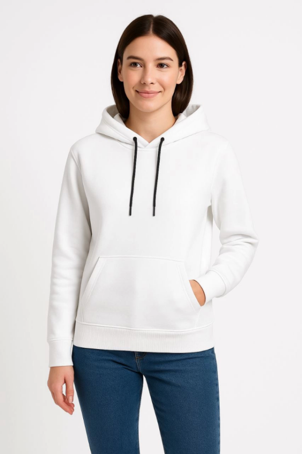 Üç İplik Kapüşonlu Kanguru Çepli SweatShirt Hoodie - Beyaz - 1