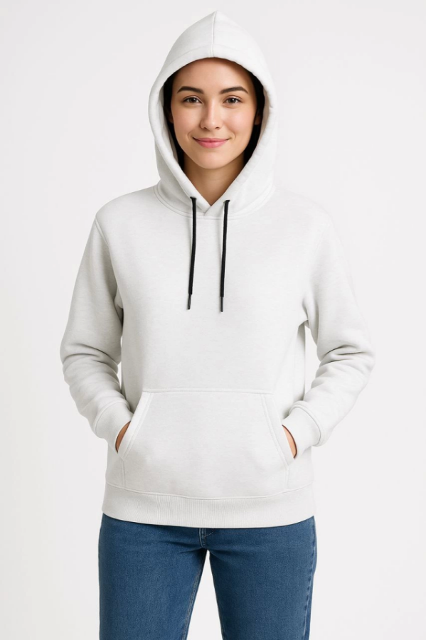 Üç İplik Kapüşonlu Kanguru Çepli SweatShirt Hoodie - Beyaz - 4