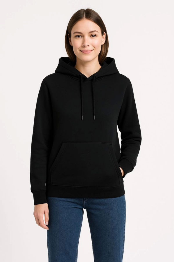 Üç İplik Kapüşonlu Kanguru Çepli SweatShirt Hoodie - Siyah - 1