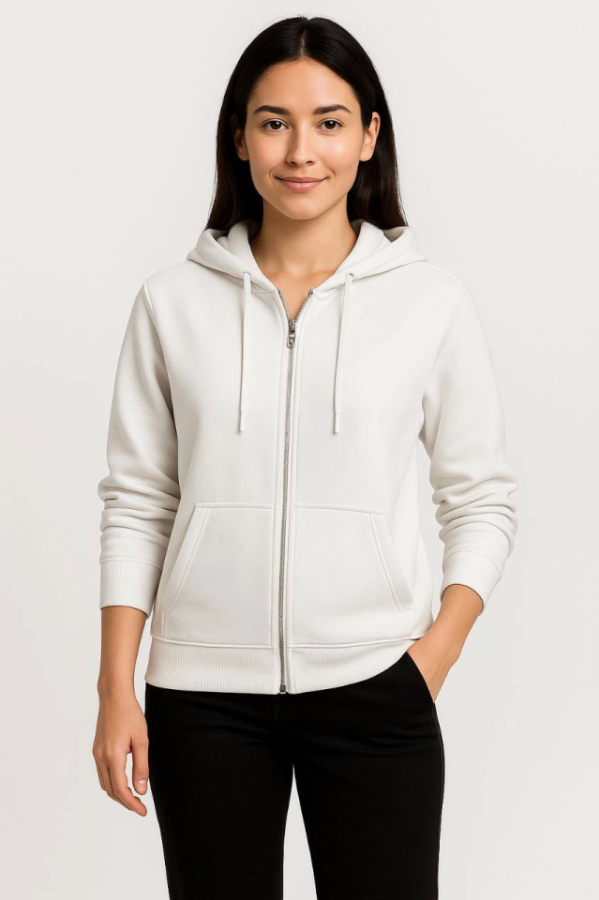 Üç İplik Kapüşonlu Tam Fermuarlı Kanguru Çepli SweatShirt Hoodie - Beyaz - 1
